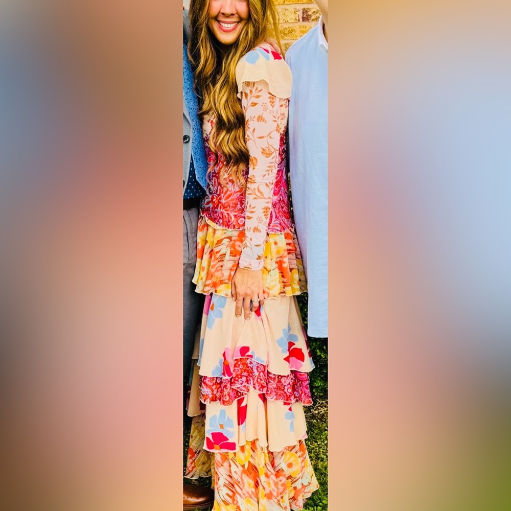 Free People Coralie Multiprint Ruffle Floral Maxi Dress Sz 2
